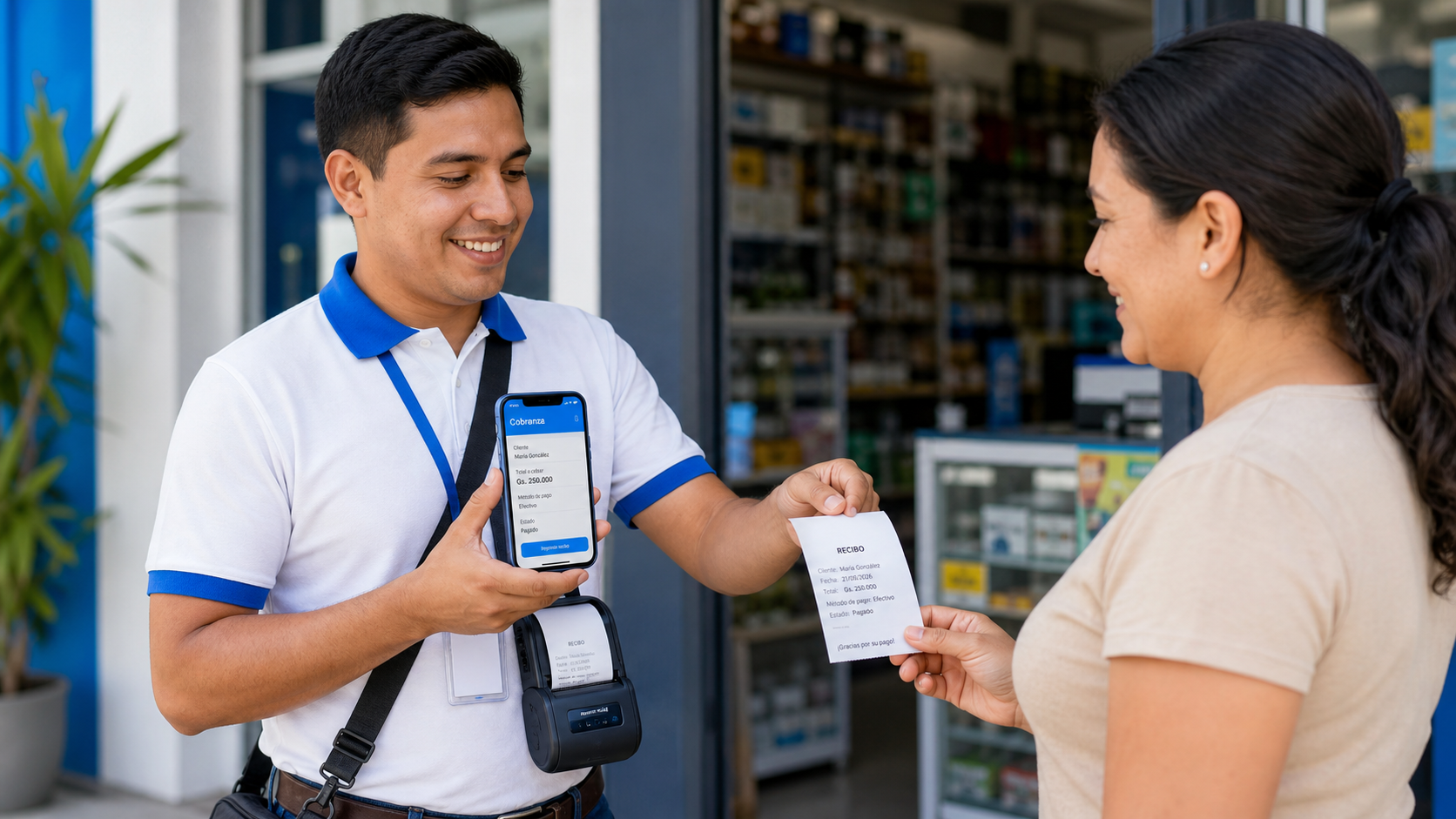 Cobrador realizando una cobranza e imprimiendo un recibo desde el sistema EV