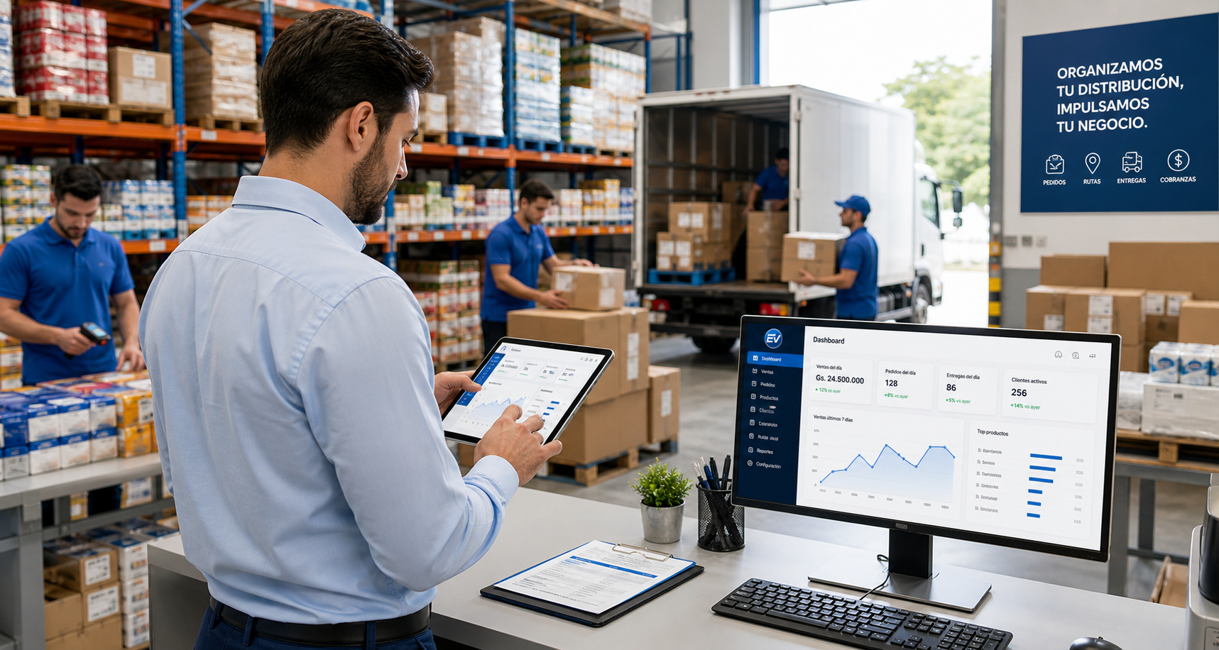 Operacion de distribuidora con pedidos, entregas y control desde el sistema EV