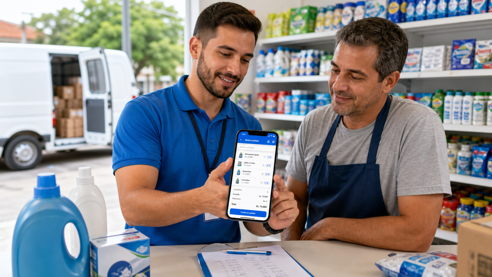 Vendedor externo cargando pedidos desde el celular en tiempo real